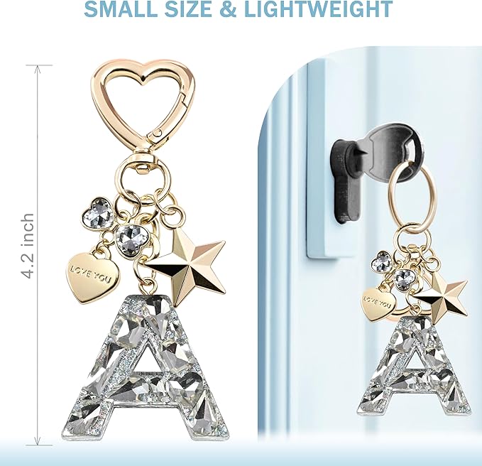 Cute Bling Keychain initial Letter Butterfly Star Pink Purple Gift for Women Girls Bag Cup Charms Accessories
