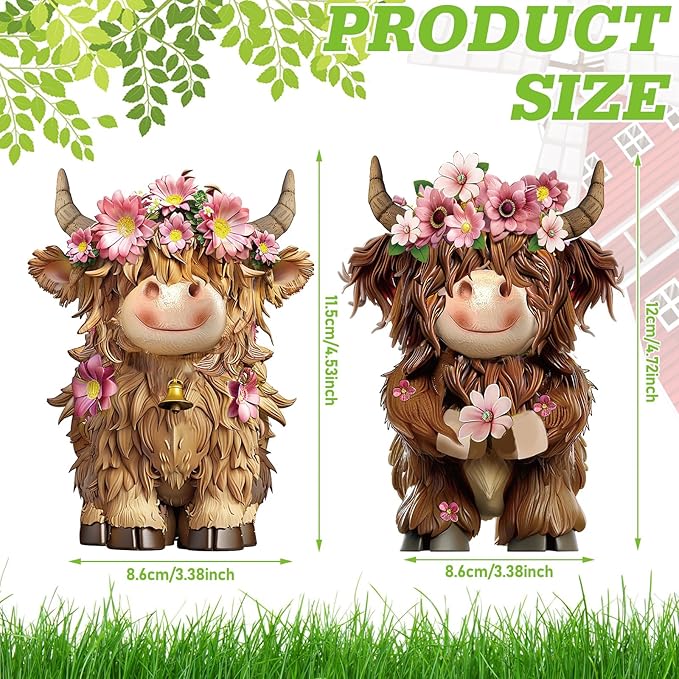 Burbell 2 Pcs Highland Cow Figurines Decor Daisy Flower Highland Cow Gnomes Resin Statue Calf Lovers Gifts for Farmhouse Home Garden Kitchen Office Tiered Tray Table Decor