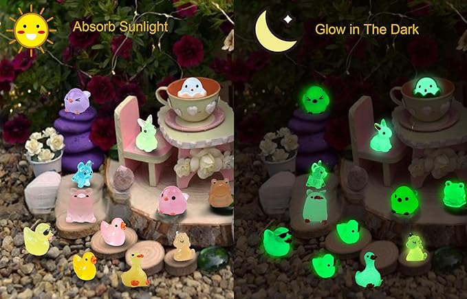 50 Pcs Luminous Mini Resin Animals, Glow in The Dark Tiny Ducks, Frogs, Birds, Cute Dollhouse Miniatures for Crafts, Fairy Garden and Home Décor