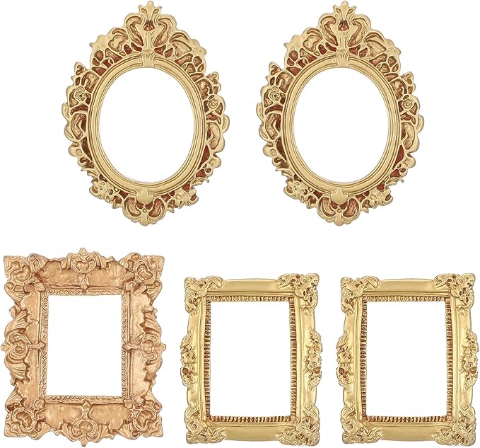 5 Pcs Miniature Picture Frames Vintage Dollhouse Photo Frames with Carved Golden Edges for Wall Hanging Desktop Display Jewelry Showcase Miniature Props for Dollhouse Model Train Garden