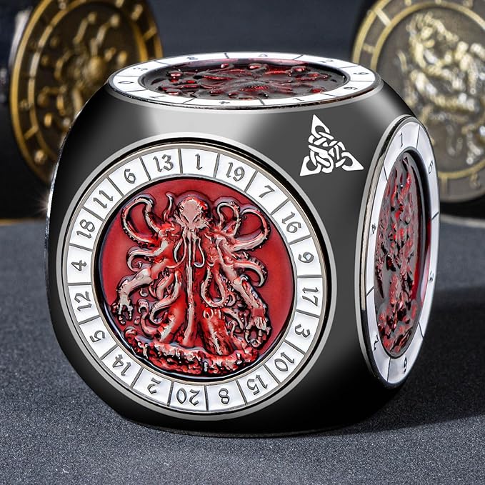 7 in 1 Unique Spinner DND Dice Set D&D, Metal Cube D and D Dice with Gift Box, Dungeons Dragons Role Playing Dice, Black Red