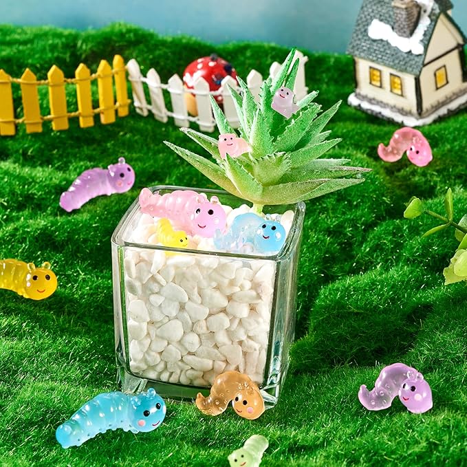 Beadthoven Luminous Mini Worm Glow in The Dark Worm Figurine Cute Miniature Animals Ornaments for Dollhouse Fairy Garden Decoration Accessories DIY Craft Micro Landscape