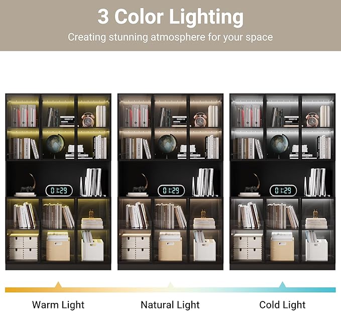 78.7" H Display Cabinet with 6 Glass Doors and Lights, Storage Cabinets Modern Bookcase with Hutch for Collectible, Display Case Trophy Case, Black