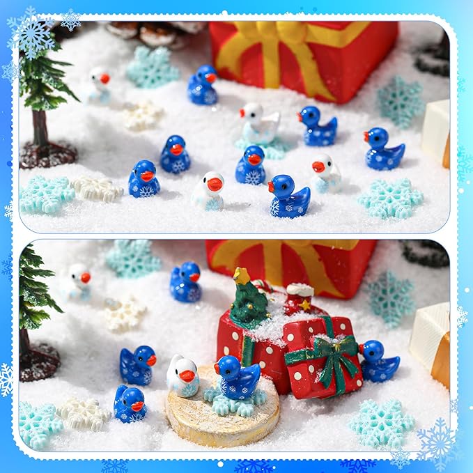80 Pcs Mini Ducks Snowflake, Tiny Resin Ducks Figures Bulk, Cute Miniature Figurines for Winter Christmas Accessories Miniature Landscape Fairy Garden Dollhouse Party Favors Decor (6 Styles)