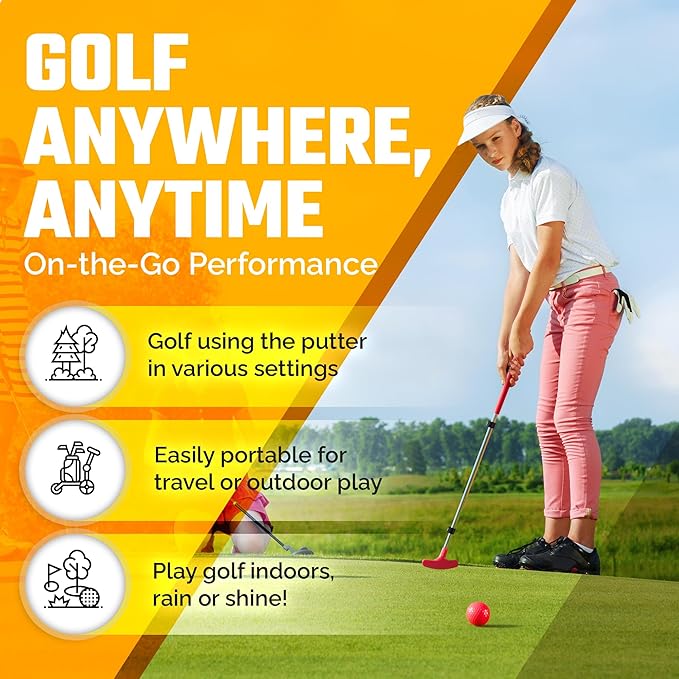 Go For It Golf Kids Putter - Extendable Shaft for Junior Golfers - Adjustable Size for Right and Left Hand - Perfect Training Club for Kids - Includes 3 Balls, Cup with Flag 17"-35"