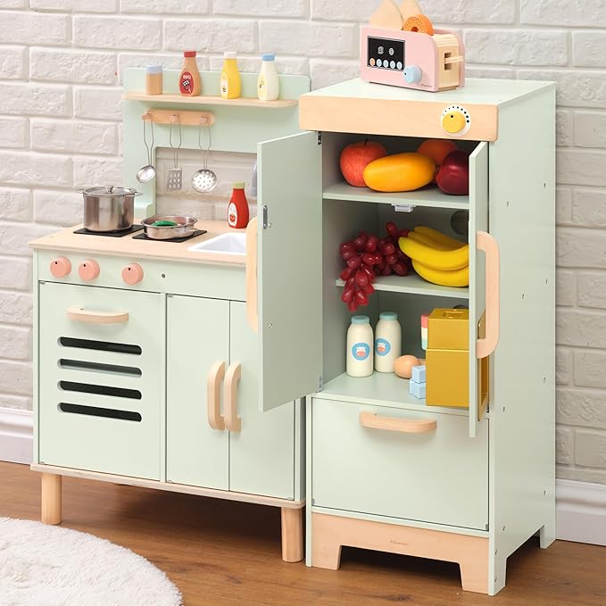 Pillowhale Wooden Play Refrigerator with Ice Maker – Mint Green Kids Fridge Toy, 4 Wooden Ice Cubes & Cup, Quiet Click Handle, Montessori Pretend Play for Toddlers 3+
