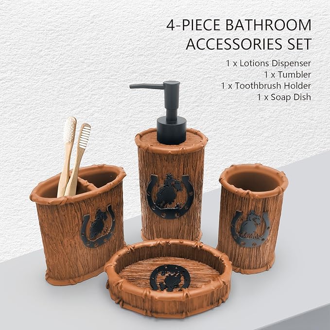 Bathroom Accessory Sets 4PCS Bathroom Accessories Set Complete Western Rustic Horseshoes Decoration Includes Lotion Dispenser Toothbrush Holder Tumbler Cup & Soal Dish