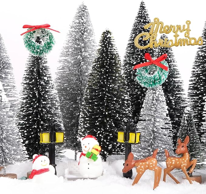 Waipfaru Christmas Village Accessories, 30 Pcs Christmas Village Display Platforms with Snowman, Mini Bottle Brush Christmas Trees, Miniature Small Pine Trees for Xmas Table Winter Decor