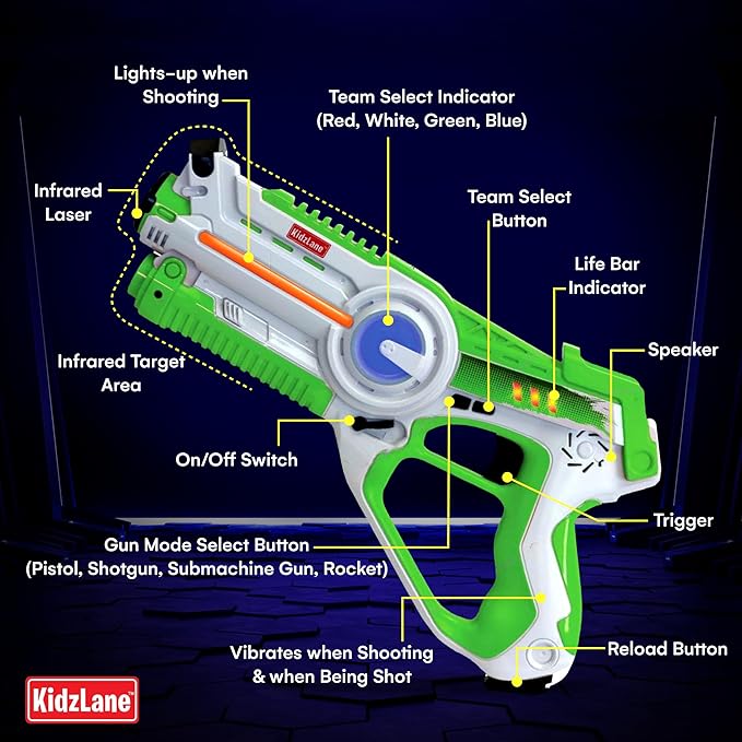 Kidzlane - Rechargeable Laser Tag Guns Set of 4 - High-Tech Infrared Laser Tag for Kids and Adults with Realistic Sounds, Vibrations and LED Lights - 4-Team Multiplayer Game