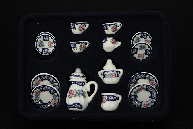 Dollhouse Decoration Accessories, 1:12 Dollhouse Miniature Scene Model 15 PCS Porcelain Teacup and Saucer Set Pretend Play Toy (I, 15 Pcs)