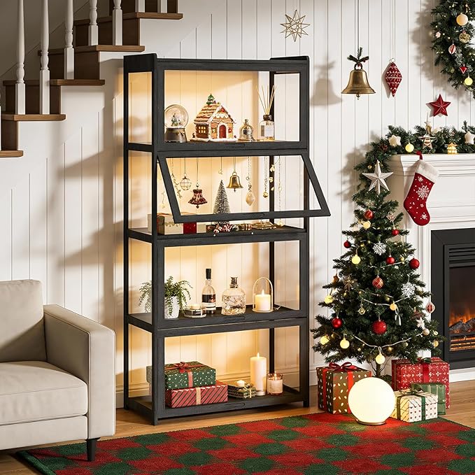 MoNiBloom 55" Curio Display Cabinet with Doors, 4-Tier Bamboo Showcase Storage Cabinet Shelf Collectibles Toy Display Case for Living Room, Black