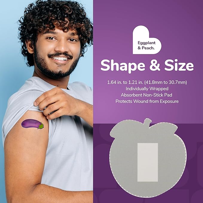 BioSwiss Funny Bandages, Eggplant and Peach Shaped Adult Novelty Self Adhesive Bandage Set, Latex Free, Sterile Wound Care, 50 Count