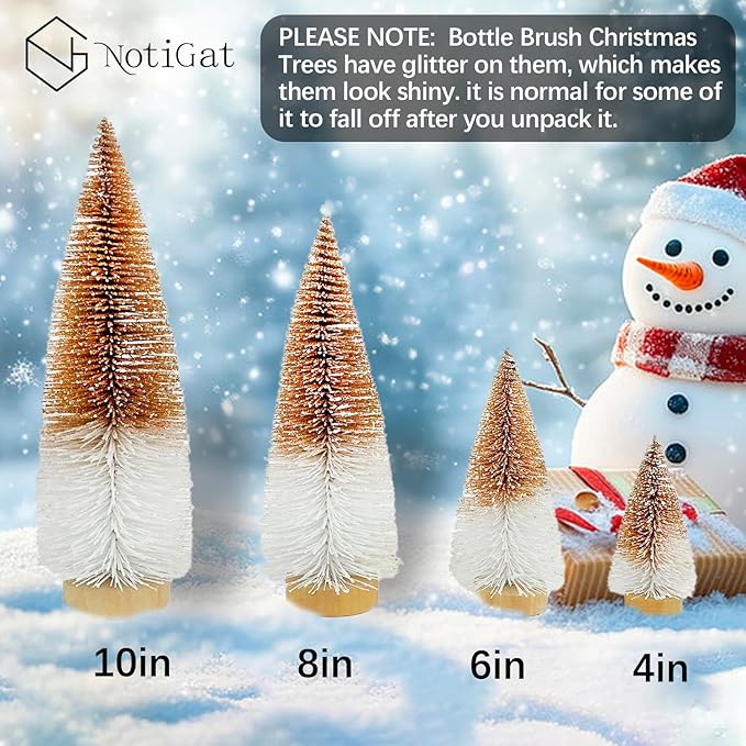 Mini Christmas Tree Bottle Brush Christmas Trees Decor for Christmas Decorations Wooden Bases (Orange and White)