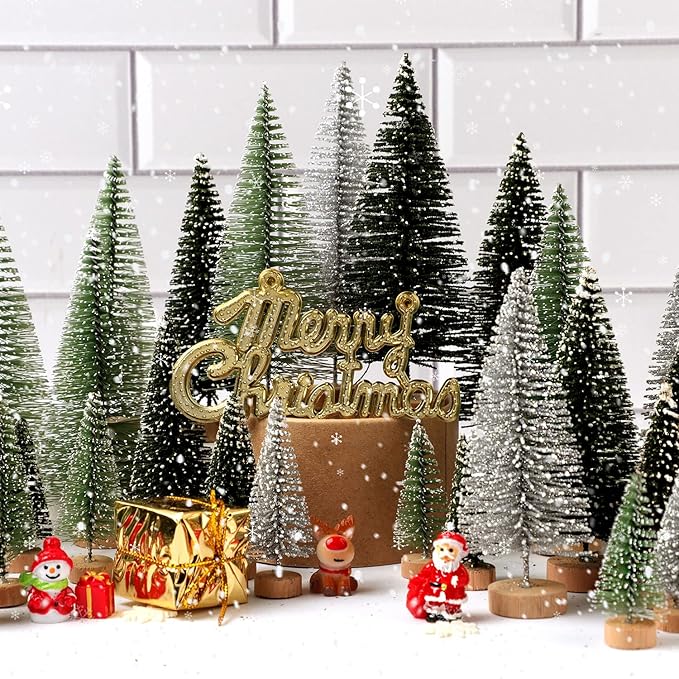 30Pcs Christmas Decorations Mini Christmas Trees, Artificial Christmas Tree Bottle Brush Trees with Wooden Base for Christmas Decor Christmas Party Home Table Craft