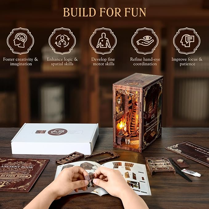 MoKo Book Nook Kit, 3D Wooden Puzzles Booknook with LED Lights, DIY Miniature House Kit, Book Nook Decor Gifts for Adults Family, Royal Library