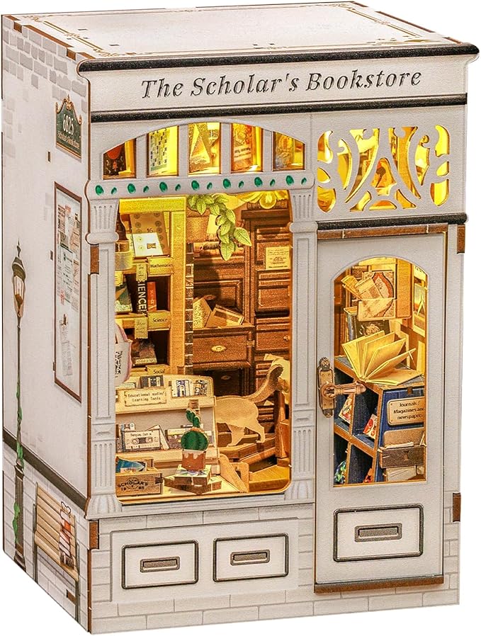 Cutefun Book Nook Kit - DIY Miniature Dollhouse Kit 3D Creative Decorative Bookend 3D Wooden Puzzle for Adults, Bookshelf Insert Library Decor with LED Light (The Scholar's Bookstore)