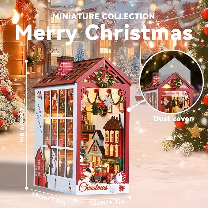 DIY Dollhouse Booknook, Book Nook Miniature Kit for Bookshelf Insert Decor Crafts for Adults and Teens, 3D Wooden Bookends with Sensor Led Light (Merry Christmas)