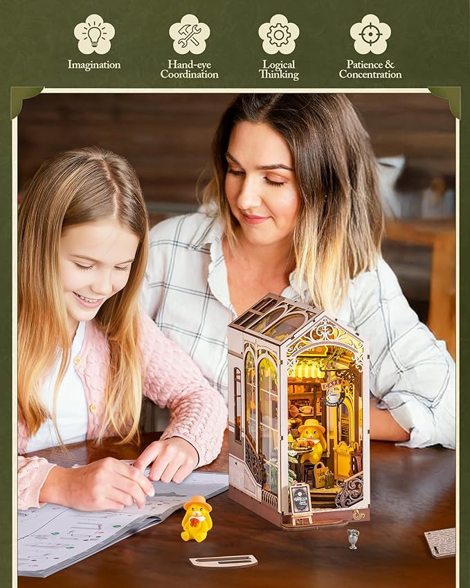 ROBOTIME DIY Book Nook Kit Holiday Café, 3D Wooden Puzzle Miniature Coffee Shop with LED Light, Creative Bookshelf Decor Diorama Kit for Adults, Unique Gift Idea