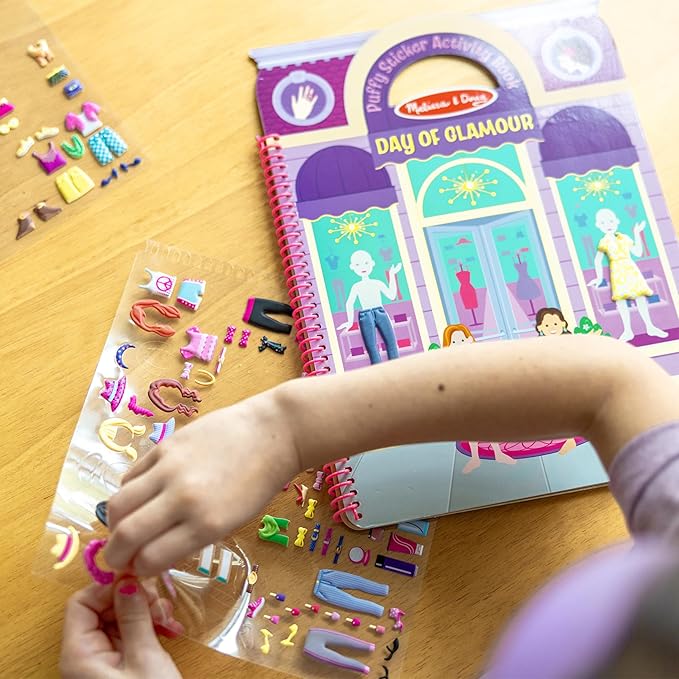 Melissa & Doug Day of Glamour Puffy Sticker Activity Book – 196 Reusable Stickers with 10 Pages of Background Scenes, Fashion-Themed Mess Free Travel Toys for Kids Ages 4+ - FSC Certified