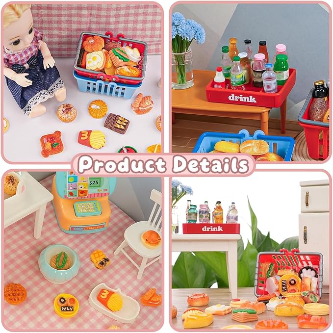 100 Pcs Miniature Food Set & Drink Bottles Realistic Resin Dollhouse Accessories 1:12 Scale Mini Food Kit for Kids Play, Collectors, Miniature Scene Kitchen Game Party Cake Bread Dessert