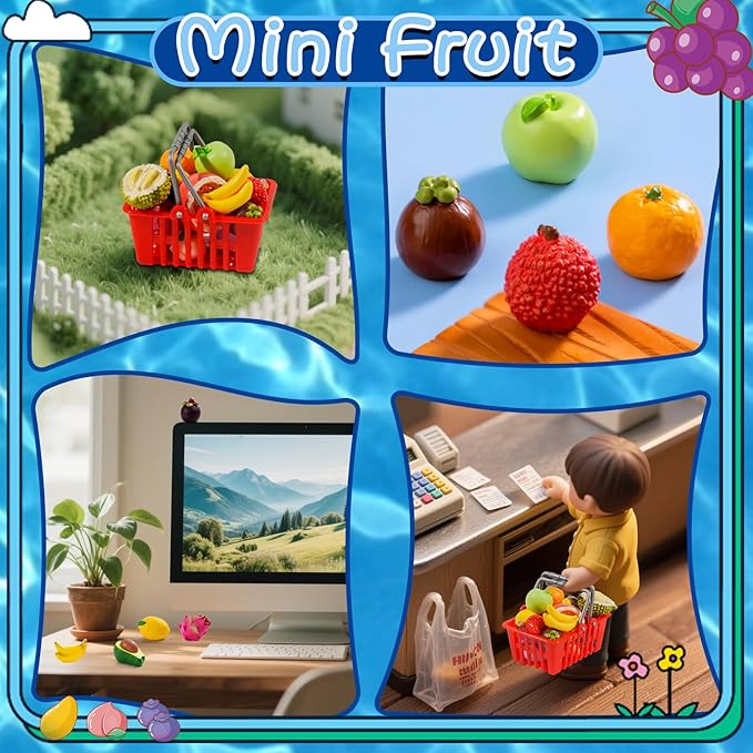 Exasinine 33pcs Miniature Fruits Figures Strawberry Peach Grapes Mini Resin Figures Artificial Fruit for Garden Kitchen Game Party Decor Cake Decoration