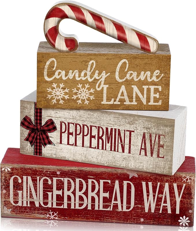 Moucuny 4 Pcs Christmas Table Decor Wooden Candy Cane Decoration Christmas Centerpiece Winter Tiered Tray Decor Red and White Stripes Candy Cane Block Signs Gift Farmhouse Xmas Decoration for Kitchen
