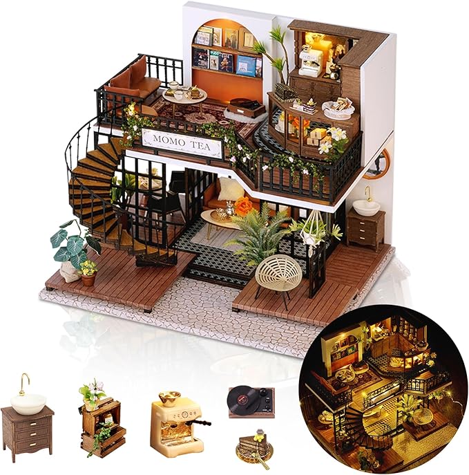DIY Miniature House Kit, Mini Forest Momo Teashop Building Set, 3D Wooden Dollhouse with Dustproof Cover, Creative Handmade Home Decoration, Gift for Adult Teen Birthday Christmas