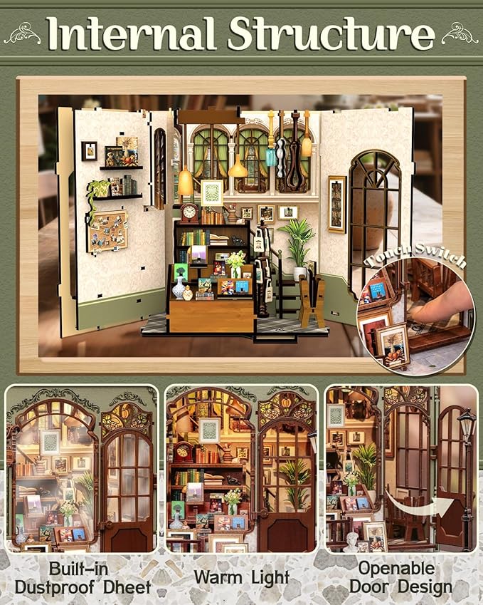 CUTEBEE Book Nook Kit, DIY Miniature House Kits for Adult and Teens, Decorative Bookend with LED, 3D Wooden Puzzle, Mini Booknook Tiny House Model Building Kit, DIY Crafts Hobbies Gifts