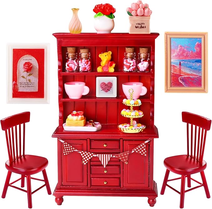 24Pcs Valentines Dollhouse Miniatures Decorations 1:12 Scale Mini Romantic Wooden Bookshelf Furniture Set Tiny Bottles Flowers Chairs Cups Valentine's Day Decor
