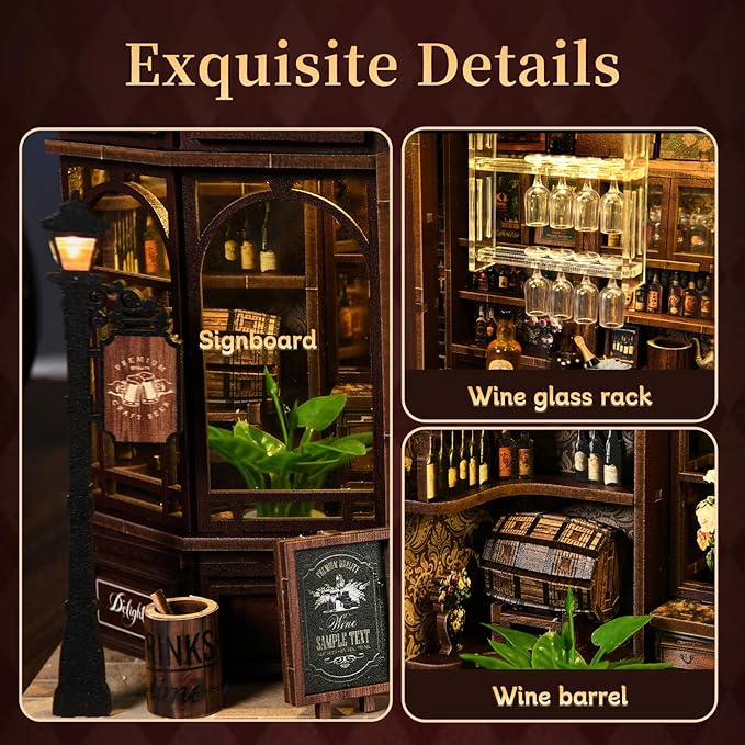 Hallisun DIY Miniature House Kit, Mini 3D Wooden Corner Tavern Building Kit with Furniture and LED, Tiny Diorama Dollhouse Model Set, Handmade House Craft Birthday for Adults Teens