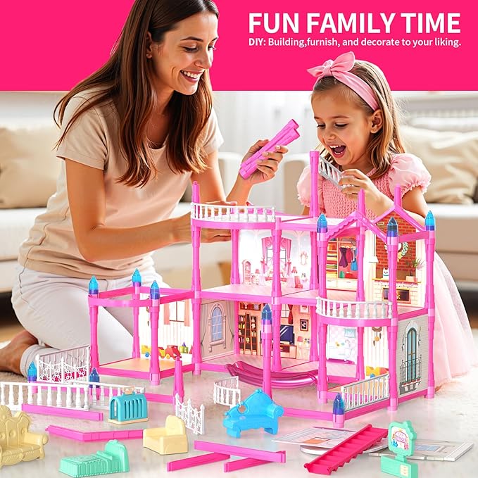 Pupu Pig Doll House Toys for Girls, Dollhouse with Glow in The Dark, Kids Doll House Playset with 4-Story 14 Play Areas, 2 Dolls, Toy Dogs, Dollhouse Accessories and Furniture, Princess Toy Gifts