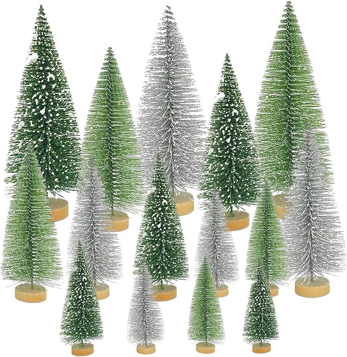 Yahpetes Christmas Tree 15 Pcs Sisal Trees Artificial Xmas Trees 3 Colors Bottle Brush Trees Miniature Pine Trees with Wooden Base for Christmas Holiday Decorations (Silver,Green,Dark Green 15Pcs)
