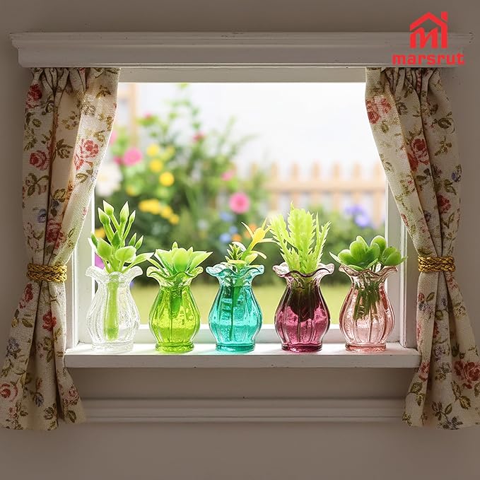 8Pcs Miniature Plants for Dollhouse 1/12 Scale, Mini Flower Pots and Glass Vases Bulk Set, Tiny Potted Succulent Buds Accessories for, Micro Landscape, Garden, DIY Crafts, Table Festival Decoration