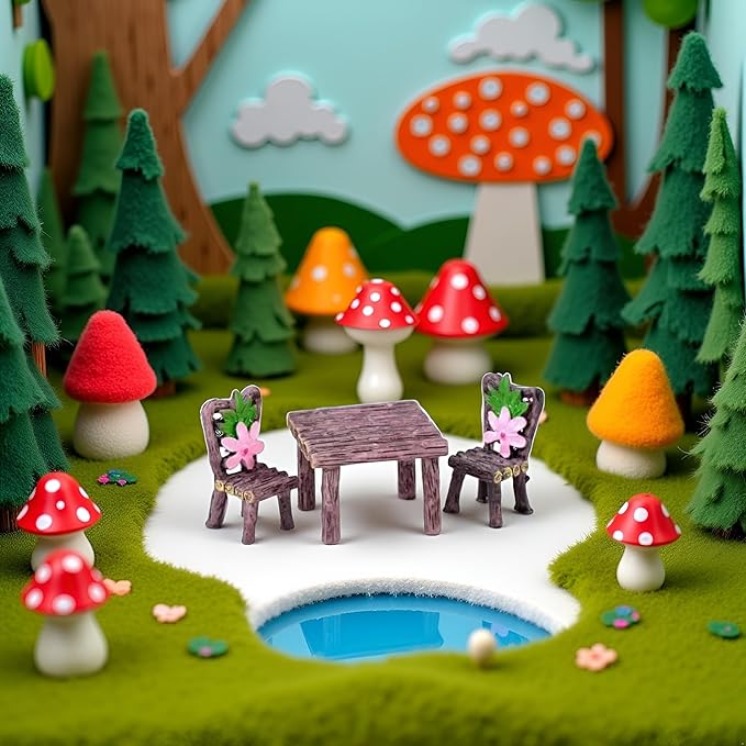 1Set Miniature Furniture Set, Mini Table and Chairs, Wooden Garden Decor for Tiny Houses, Micro Landscape Dollhouse Accessories