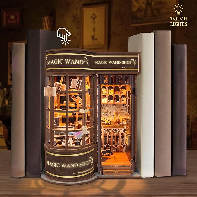 DIY Magic Book Nook Kit - 3D Wooden Puzzles for Adults and Teens,Bookshelf Decor DIY Miniature Dollhouse Kit with Led Light,Gifts for Family Friends -Magic Wand Shop(SQ-51)
