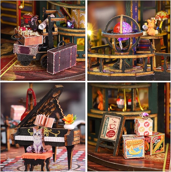 DIY Miniature House Kit: DIY Miniature Dollhouse Booknook Kit with Steam Train, 3D Wooden Puzzle Bookshelf Insert Decor with LED Light, Tiny Model House Building Adults Craft Kits Gift