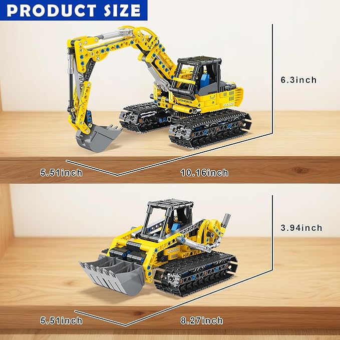 2-in-1 Construction Vehicle Building Kit - Excavator & Bulldozer Building Toys Set | 399 Pieces STEM Learning Toys | Creative Birthday Christmas Building Blocks Gift Idea