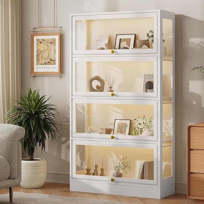 Display Cabinet with Acrylic Glass Doors,4-Tiers Curio Cabinet with LED Lighting for Collectibles, Collectibles Toy Organizers Rack & Display Shelf Display Case Storage Cabinet, Antique White