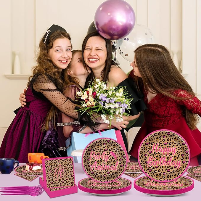 96Pcs Leopard Print Party Decorations Hot Pink Cheetah Print Birthday Themed Tableware Safari Animal Plates Napkins Forks Jungle Leopard Dinnerware Supplies for Baby Shower Birthday Serves 24 Guests