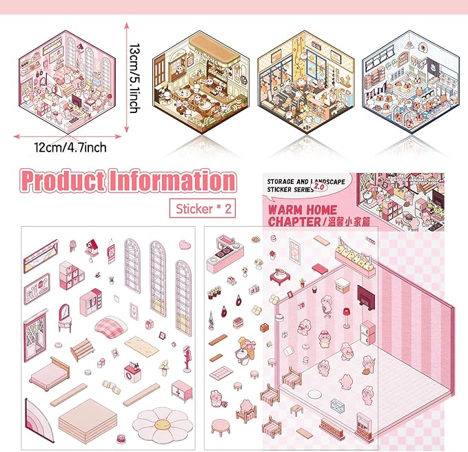 DIY 3D House Stickers, 4 Set Fun DIY Stickers Scene Make Your Own Warm Home, Supermarket, Coffee Shop, Music Bar, Cute 3D Cartoon Scene Stickers for Adult Kids Relief Stress Pass The Time (XM2.0)