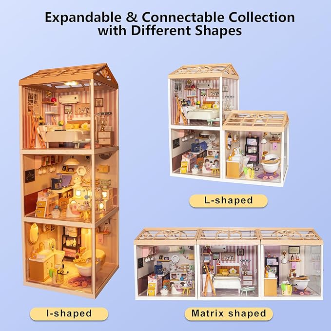 DIY Miniature House Kit with LED Lights, Whimsical Cat Cafe Miniature Kit with Roof & Dust Covers for Teens, DIY Coffee Shop with Cats & Furniture, Creative Christmas Decoration Gift Idea