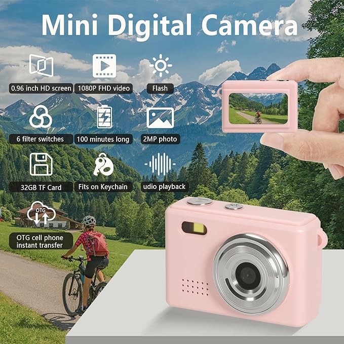 Mini Keychain Camera, FHD 1080p Mini Digital Camera with 32GB SD Card, 0.96" HD Display, 100 Mins Battery Life for Travel Recording Birthday Gifts (Modern, Pink1)