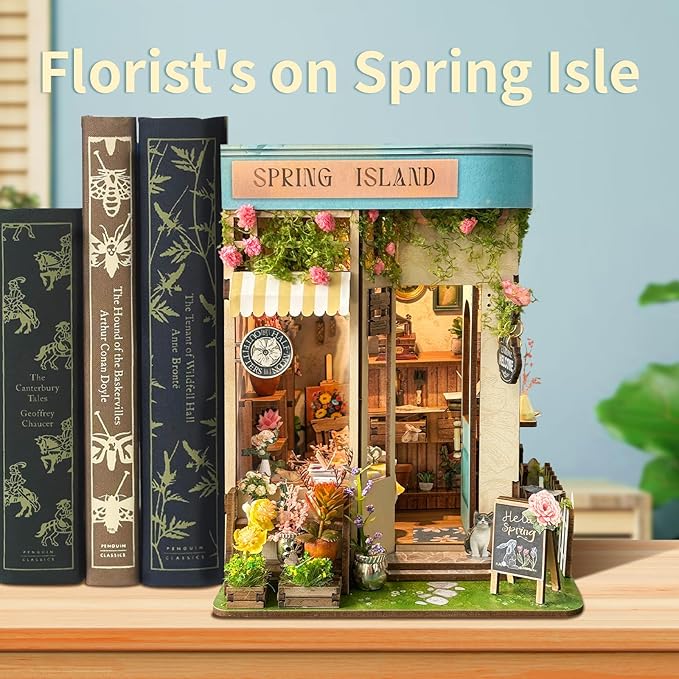 CUTEROOM Book Nook Kit for Adults, 3D Wooden Puzzle DIY Miniature Dollhouse Booknook Kit, Tiny House Building Kit with LED Light for Bookshelf Insert Decor- Spring Island