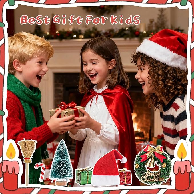 77 PCS Doll House Christmas Set Dollhouse Accessories Miniature Figurines Mini Santa Snowman Books String Lights Fence Ducks Yard Gift Box Decor for Pretend Toys DIY Festival Party Fairy Garden