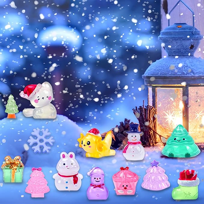 52 Pcs Luminous Mini Christmas Figurines Glow in The Dark Tiny Little Resin Snowman Miniature Figures for Xmas Holiday Crafts Garden Micro Landscape Party Home Table Decor