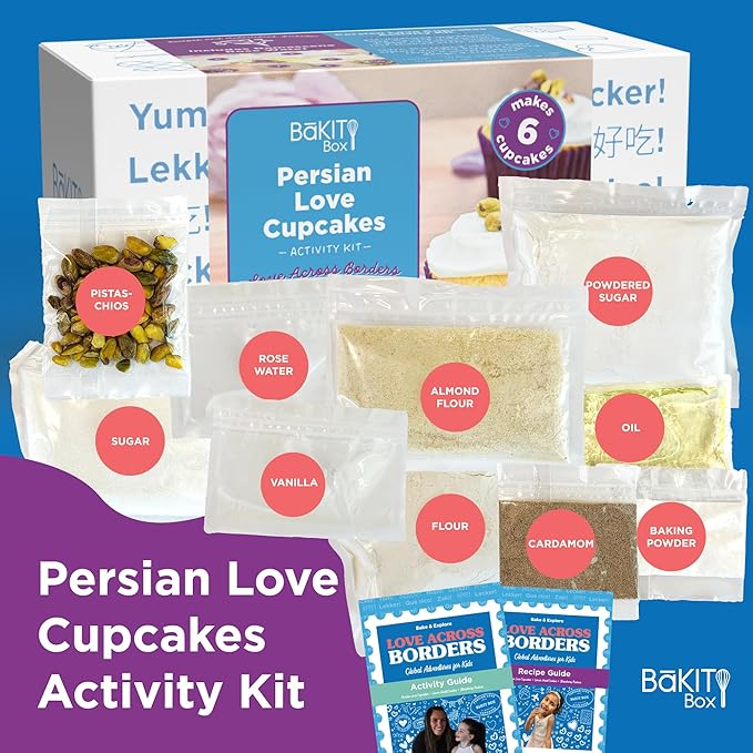BāKIT Box Persian Love Cupcakes Baking Kit for Kids – Global Cultural Baking Activity Set with Recipe, Booklet & Premium Ingredients – Includes Rose Water, Cardamom & Pistachios – Ages 7–14