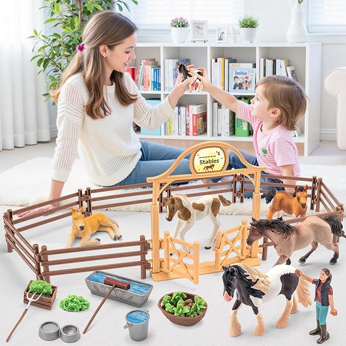 35 PCS Horses Toys Set for Kids, Solid Realistic Horse Stable Playset Barn Toys for Girls, Ideal Birthday Farm Animals Gift for Toddlers