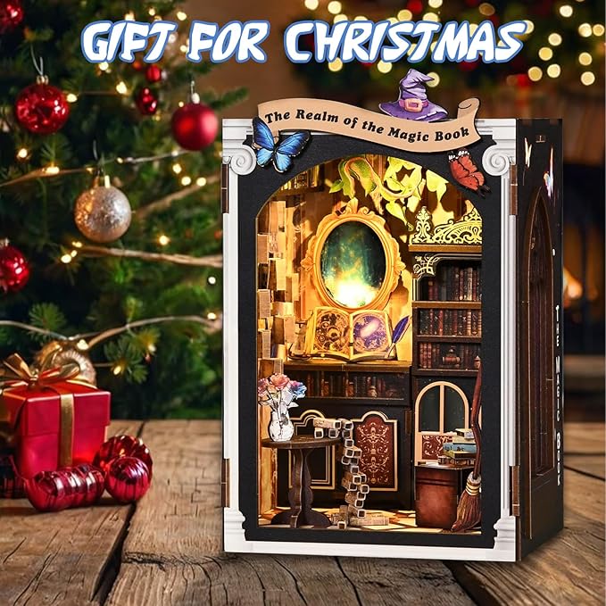 KERNOWO Book Nook Kit, DIY 3D Wooden Puzzles for Adults, Teens and Beginners, Miniature Tiny House Kit for Bookshelf Decor, Bookish Gift for Family, Friends, Book Lovers (Magic Book)