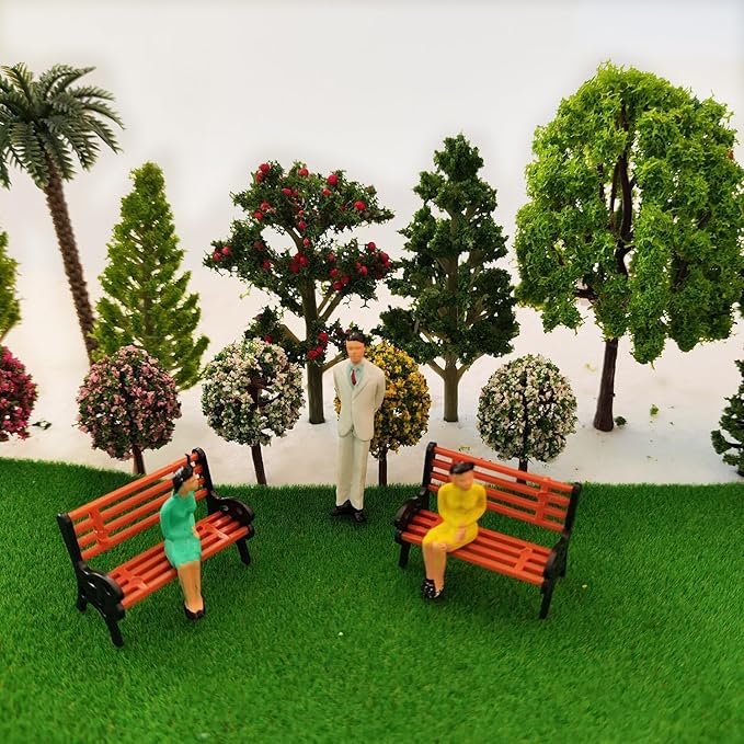 QuarenDen Model Scenery Kit, 47pcs, Painted Figures, Model Train Scenery, Miniature Trees, Model Trees, Model Grass Mat for Miniature Scene Landscape
