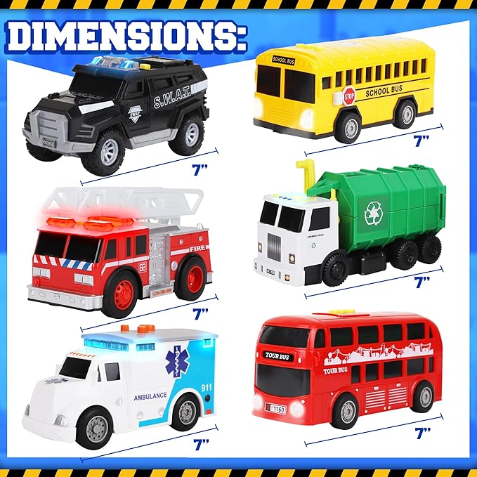 Playkidiz Toy Cars for Toddlers - 6Pcs Pull Back Cars Toys with Light and Sounds, City and emergency vehicles set, Including Police Car, Fire Truck, Ambulance, School bus, Tour Bus, Garbage Truck